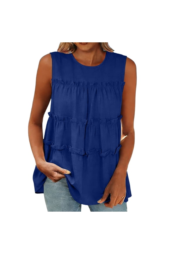 Womens Sleeveless Blouses Tiered Ruffle Round Neck Flowy Dressy Work Office Shirts Summer Casual Loose Swing Keyhole Back