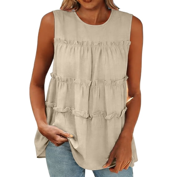 Womens Sleeveless Blouses Tiered Ruffle Round Neck Flowy Dressy Work Office Shirts Summer Casual Loose Swing Keyhole Back