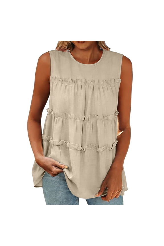 Womens Sleeveless Blouses Tiered Ruffle Round Neck Flowy Dressy Work Office Shirts Summer Casual Loose Swing Keyhole Back