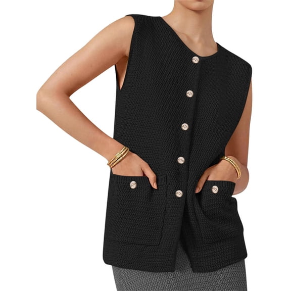 Womens Sleeveless Button Down Round Neck Knitted Tank Tops Casual Cardigan Sweater Vest