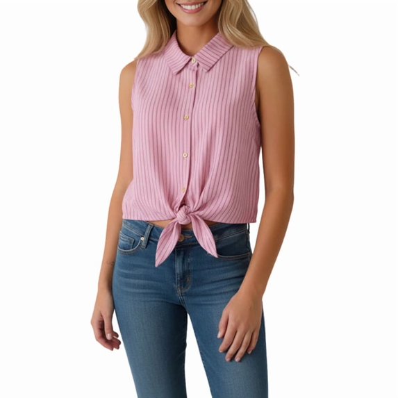 Womens Sleeveless Button Down Shirt Basic Solid Casual Tank Tops for Work Classic Collared Blouses Pink M