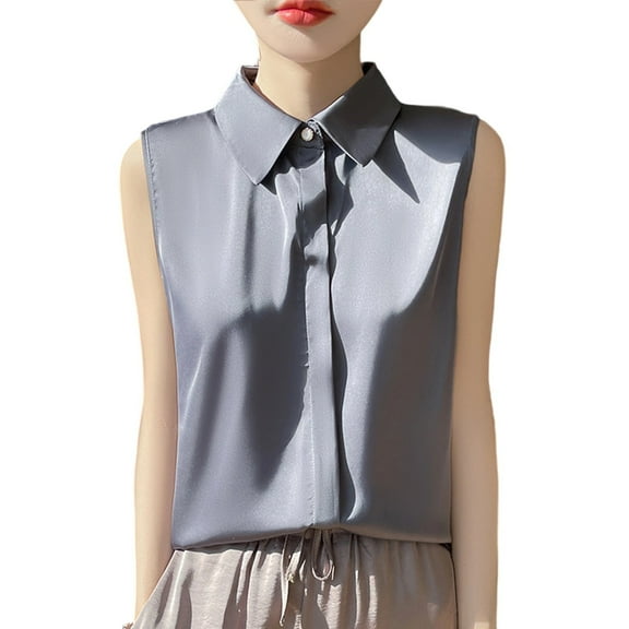 Womens Sleeveless Button Down Shirt Classic Collared Blouse Basic Tank Tops Work Office Chiffon Tops Solid Tees