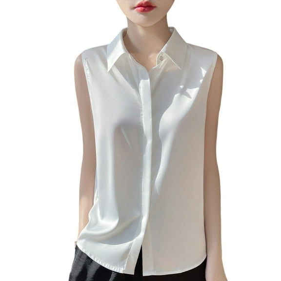 Womens Sleeveless Button Down Shirt Classic Collared Blouse Basic Tank Tops Work Office Chiffon Tops Solid Tees