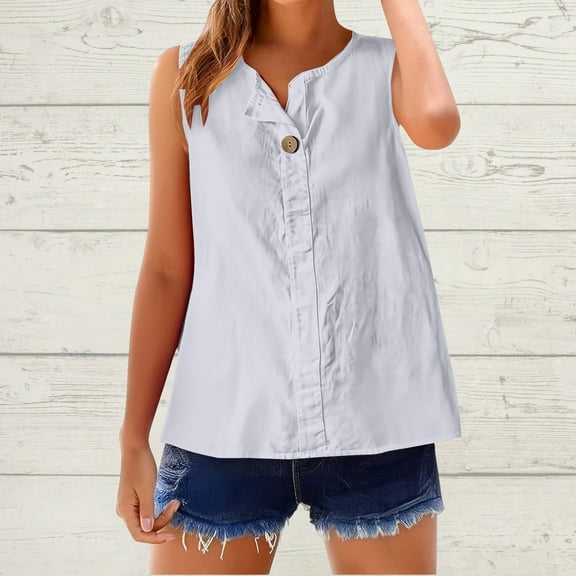 Womens Sleeveless Button Down Shirt Collared Cotton Linen Blouse Casual Shirts Basic Tank Top