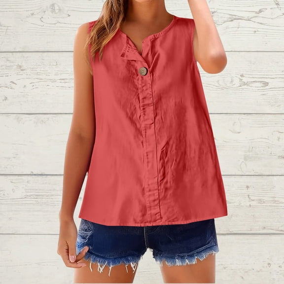 Womens Sleeveless Button Down Shirt Collared Cotton Linen Blouse Casual Shirts Basic Tank Top