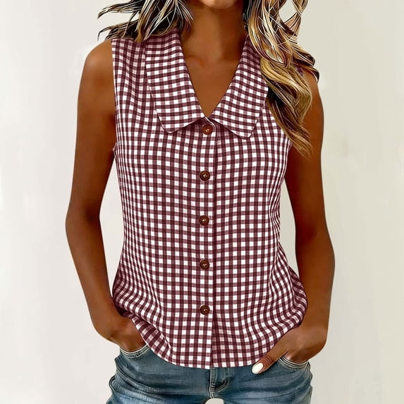 Womens Sleeveless Button Down Shirt Solid V Neck Baisc Top Casual Tank Tops Classic Collared Blouses Blazer Vest