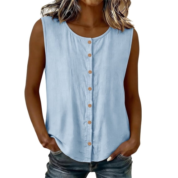 Womens Sleeveless Button Down Shirt Summer Crew Neck Casual Blouse Dressy Work Office Tank Tops Cotton Gauze Shirts