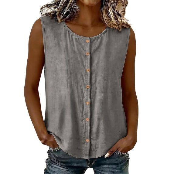 Womens Sleeveless Button Down Shirt Summer Crew Neck Casual Blouse Dressy Work Office Tank Tops Cotton Gauze Shirts