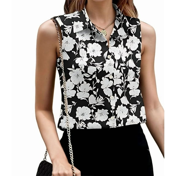 Womens Sleeveless Button Down Shirt Tops V Neck Business Casual Collared Blouses Tank Top Black S