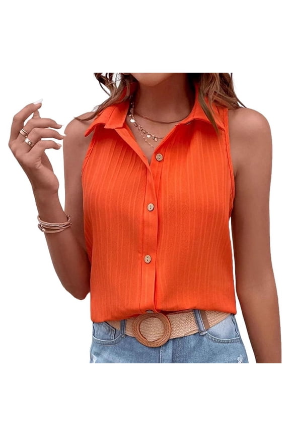 Womens Sleeveless Button Down Shirt Tops V Neck Business Casual Collared Blouses Tank Top Orange Red S