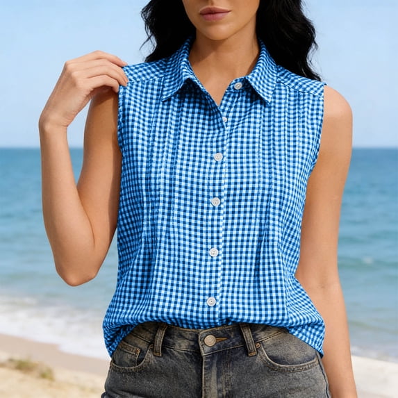Womens Sleeveless Button Down Shirts Summer Casual Collared V Neck Blouse Loose Fit Work Tops Work Blouses For Women