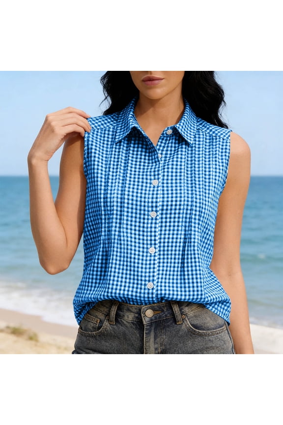 Womens Sleeveless Button Down Shirts Summer Casual Collared V Neck Blouse Loose Fit Work Tops Work Blouses For Women