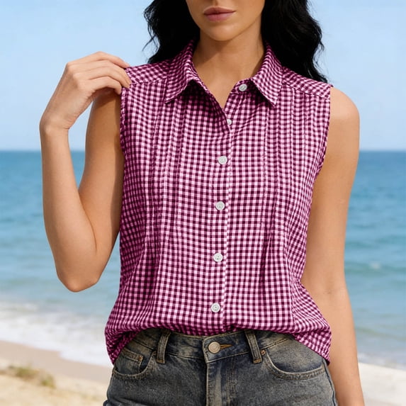 Womens Sleeveless Button Down Shirts Summer Casual Collared V Neck Blouse Loose Fit Work Tops Work Blouses For Women