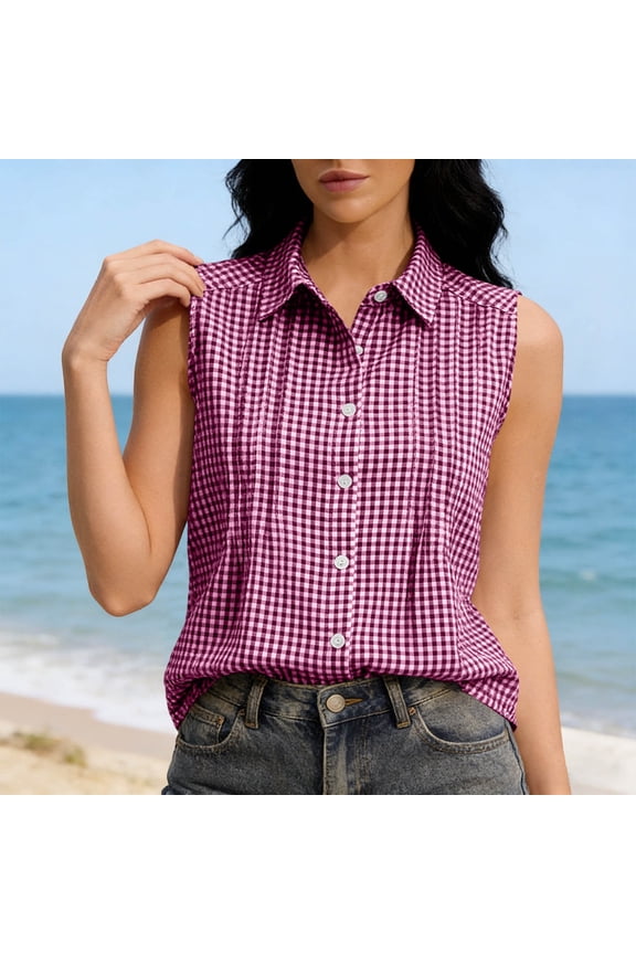 Womens Sleeveless Button Down Shirts Summer Casual Collared V Neck Blouse Loose Fit Work Tops Work Blouses For Women