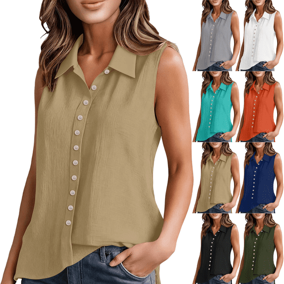 Womens Sleeveless Button Down Shirts Summer Cotton Linen Blouse Solid Color V Neck Casual Work Tank Tops