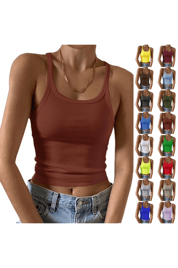 Womens Sleeveless Casual Basic Cotton Ribbed Fitted Tank Top Form Fitting Spaghetti Strap Scoop Neck Knit Basic Cami Layering Shirts Coffee XL