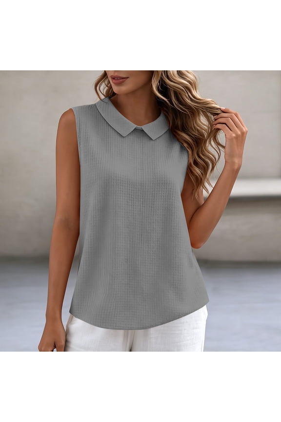 Womens Sleeveless Collared Blouse Relaxed Fit Gray Cotton Polyester Blend Wrinkle Resistant Top,Size L