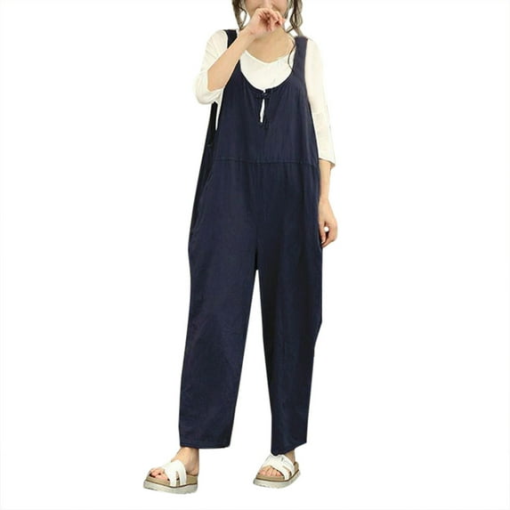 Womens Sleeveless Cotton Linen Jumpsuits Casual Loose Solid Color Wide Leg Palazzo Pants Summer Rompers with Pockets