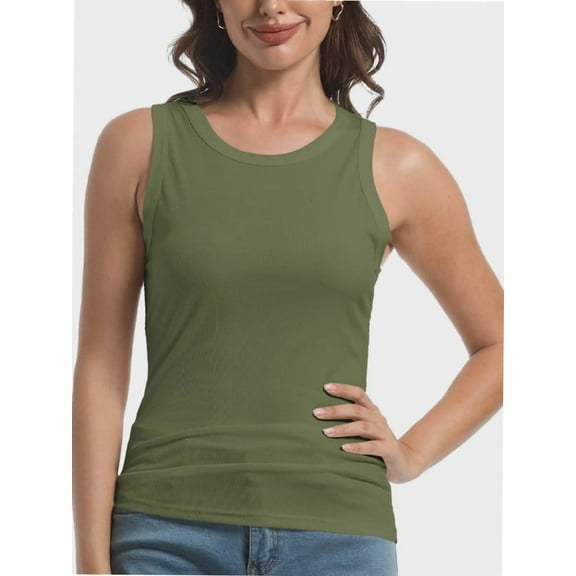 Womens Sleeveless Crew Neck Tank Tops Fashion Summer Casual Basic Slim Fit Racerback Top Shirt Blouses