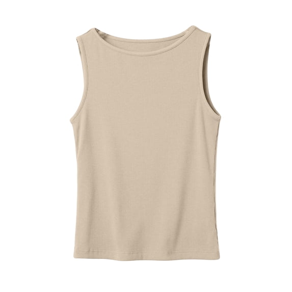 Womens Sleeveless Crewneck Ribbed Tank Tops Casual Basic Summer Top Slim Fitted Racerback Shirts Beige 2XL