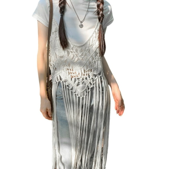 Womens Sleeveless Crochet Long Tassels Fringe Vest 70s Cover Up Hippie Clothes Hollow Out Knit Top Dress