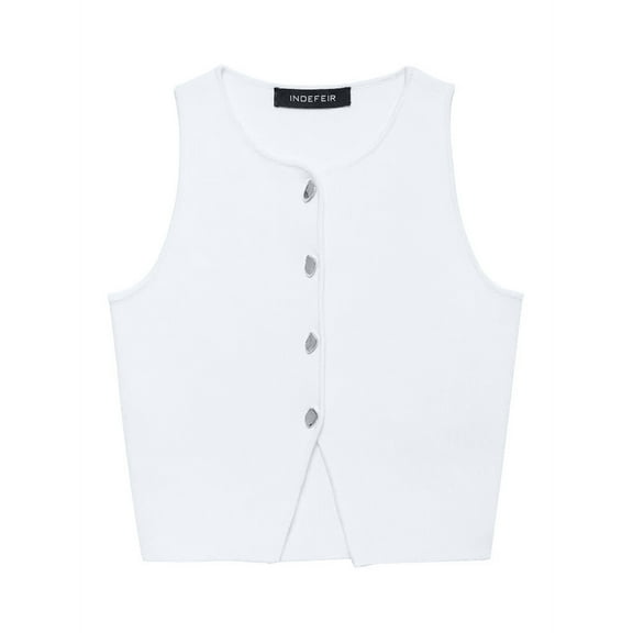 Womens Sleeveless Cropped Sweater Vest Summer Trendy Knit Crop Tank Tops Crewneck Button Y2K Going Out Top White S