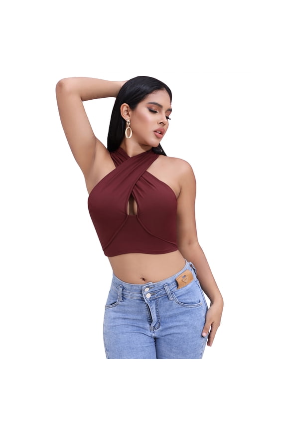 Womens Sleeveless Cross Halter Crop Top Front Keyhole Cutout Back Wrap Summer Tank Shirts