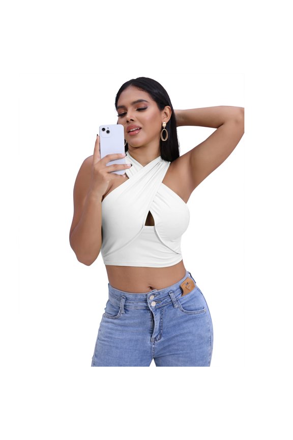 Womens Sleeveless Cross Halter Crop Top Front Keyhole Cutout Back Wrap Summer Tank Shirts