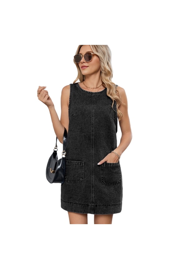 Womens Sleeveless Denim Dress Casual Summer Crewneck A Line Overall Mini Dress Jean Jumper Pinafore with Pockets Black Grey XL