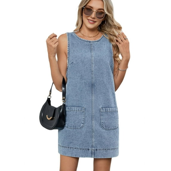 Denim Overall Dress for Women Sleeveless V Neck Adjustable Strap Mini Jean Jumper Dress with Pockets Summer Beach Blue L