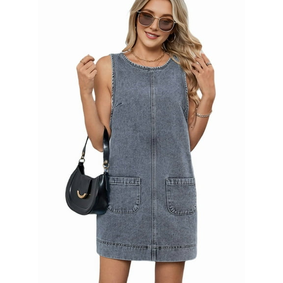 Womens Sleeveless Denim Dress Casual Summer Crewneck A Line Overall Mini Dress Jean Jumper Pinafore with Pockets Blue XL