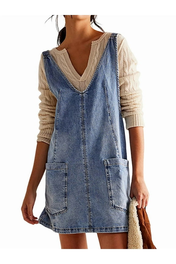Women's Denim Jumper Dress with Adjustable Straps, High Waist Mini Skirt Style Casual Outfit Light Blue L