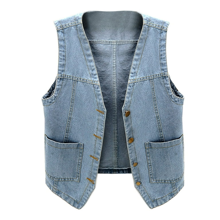 Womens Sleeveless Denim Vest V Neck Button Down Jean Jacket Womens Jean Jacket Vintage Classic Button down Washed Jean Plaid Lined Denim Jacket for Women Shabby Jacket Casual Long Denim Jacket Short