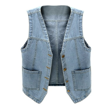 Womens Sleeveless Denim Vest V Neck Button Down Jean Jacket