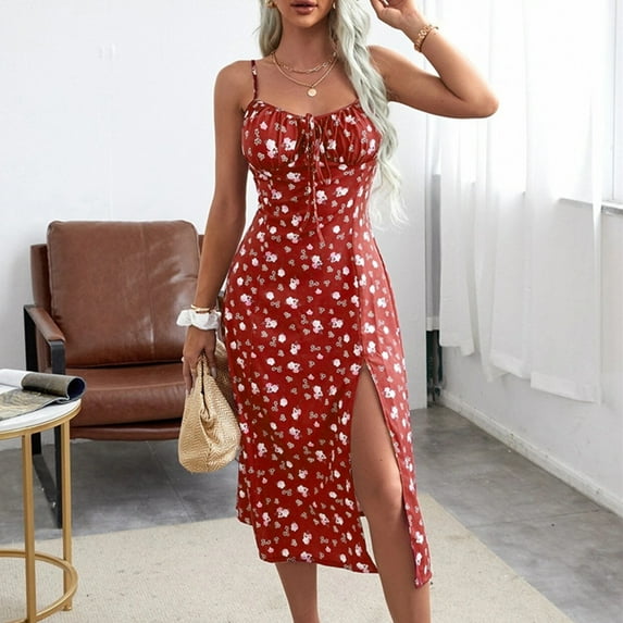 Womens Sleeveless Dresses Plus Size Square-Neck Camis Summer Casual Print Long Dress Red XXL