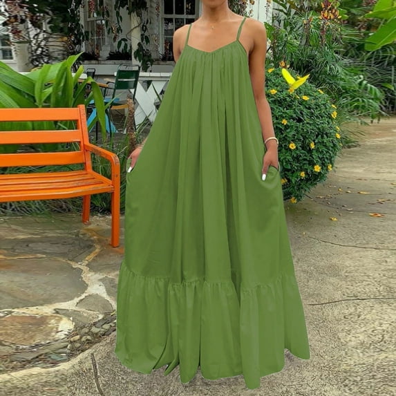 Womens Sleeveless Dresses Plus Size Strap Pocket Loose Backless Casual Solid Big Dress