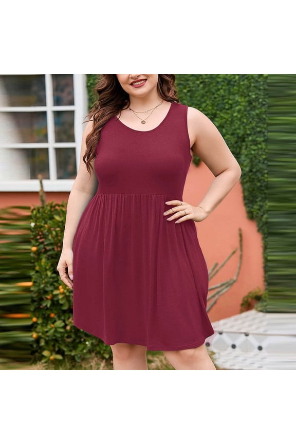 Womens Sleeveless Dresses Round Neck Pockets Solid Color Dresses Red XXXXL