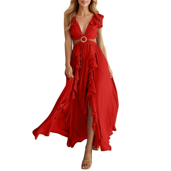 Womens Sleeveless Dresses for Women Vneck Rayon Beach Vacation Sexy Boho Hawaiian Ruched Peplum Maxi Long Midi 2025