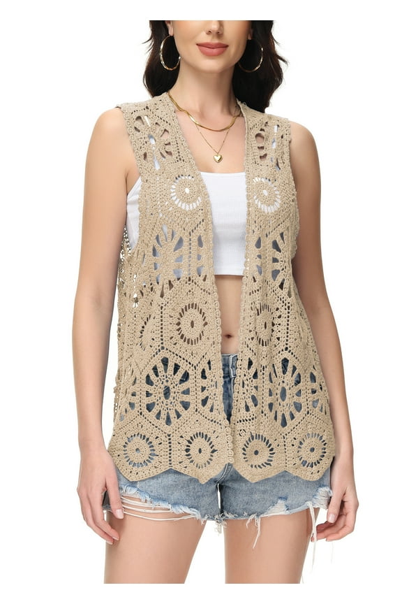Womens Sleeveless Floral Crochet Lace Boho Trim Open Front Cardigan, X-Large, Brown
