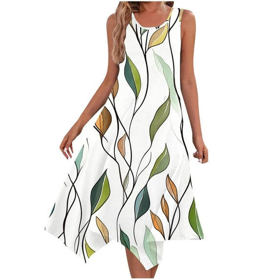 Womens Sleeveless Floral Dress Summer Casual Sundress Handkerchief Hem A Line Swing Beach Midi Dress