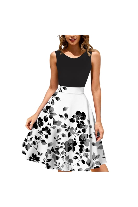 Womens Sleeveless Floral Midi Dress Black White A-Line Casual to Office Wedding Guest Soft Stretch Wrinkle-Resistant Plus Size,Size 2XL