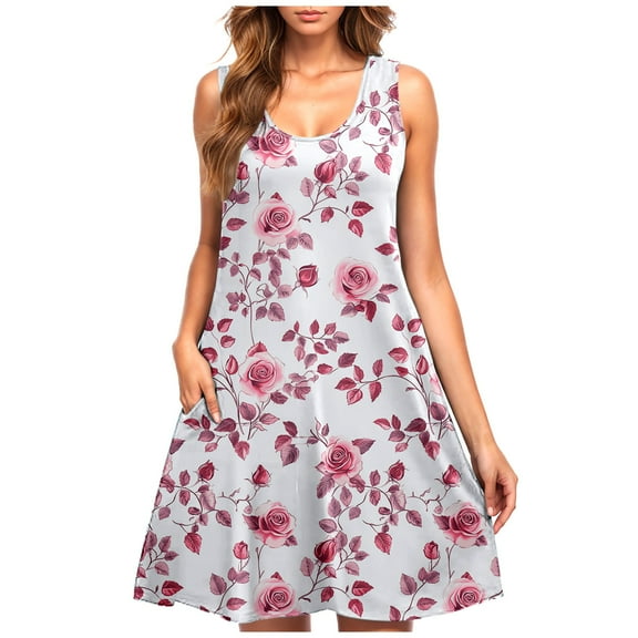 Womens Sleeveless Floral Sundress Summer Casual A Line Tank Dress Beach Vacation Swing Dress