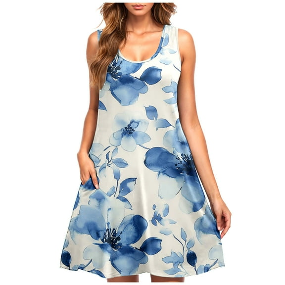 Womens Sleeveless Floral Sundress Summer Casual A Line Tank Dress Beach Vacation Swing Dress