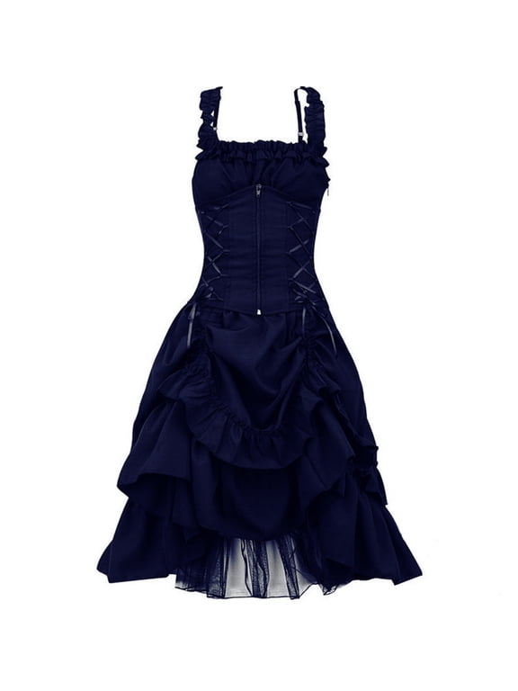 Womens Sleeveless Gothic Dress Y2K Retro Steampunk Dress Lace Up Corset Dress Irregular Hem Tank Halloween Costumes
