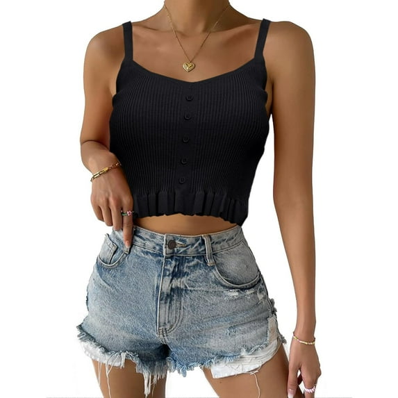 Womens Sleeveless Halter Crop Top Knit Sweater Vest Ribbed Camisole Tank Tops