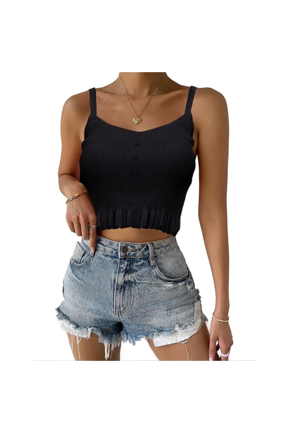 Womens Sleeveless Halter Crop Top Knit Sweater Vest Ribbed Camisole Tank Tops