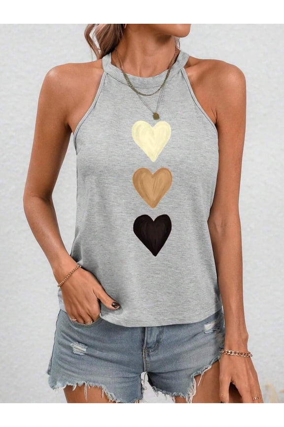 Womens Sleeveless Halter Neck Tank Top with Vertical Heart Print - Grey - 1 Pack