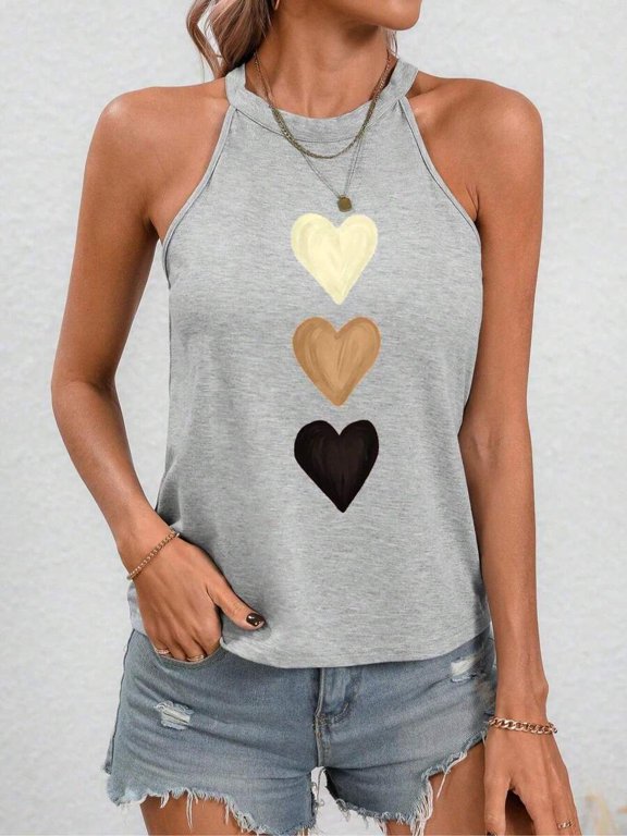 Womens Sleeveless Halter Neck Tank Top with Vertical Heart Print - Grey - 1 Pack