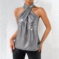 thumbnail image 1 of Womens Sleeveless Halter Top Shimmering Sequin Metallic Grid Cross Neck, Reflective Party Blouse Night Out Tops Loose Fit Elegant Drape Summer Clothing 2026, 1 of 8