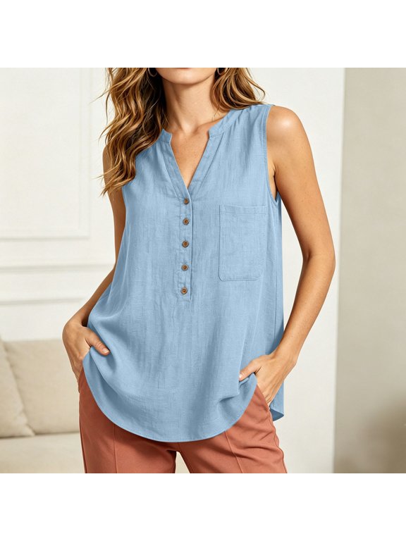 Womens Sleeveless Henley Top Loose Fit V Neck Button Down Blouse with Pocket Casual Summer Tops Breathable Cotton Blend Blue High Low Hem,Size XL